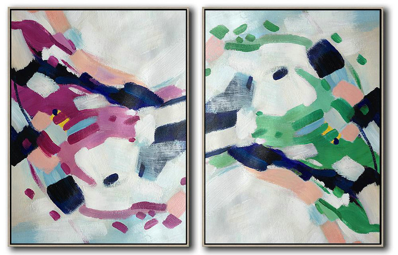 Set Of 2 Abstract Painting On Canvas,Acrylic Painting On Canvas,White,Pink,Purple,Green,Dark Blue